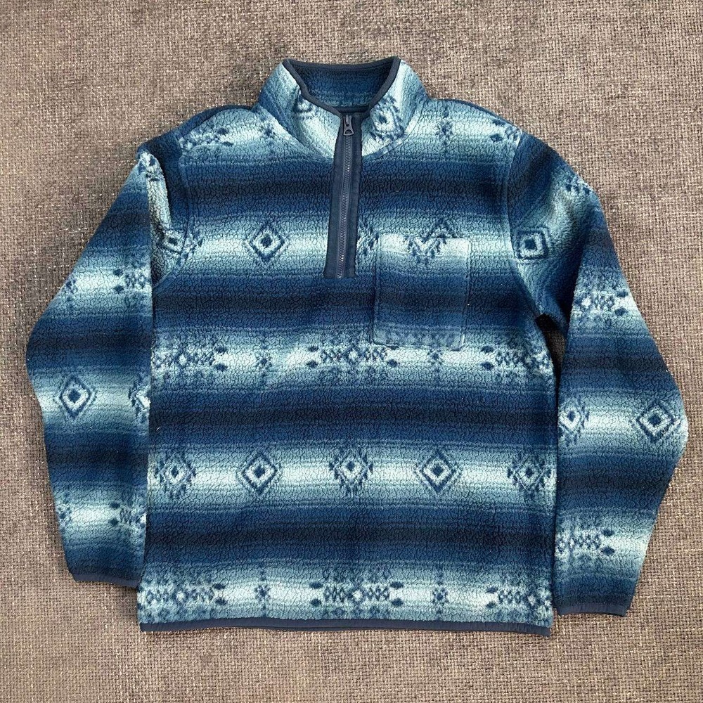 Lucky Brand Fleece Quarter Zip Pullover Mens Large Blue Ombre Geometric Sherpa